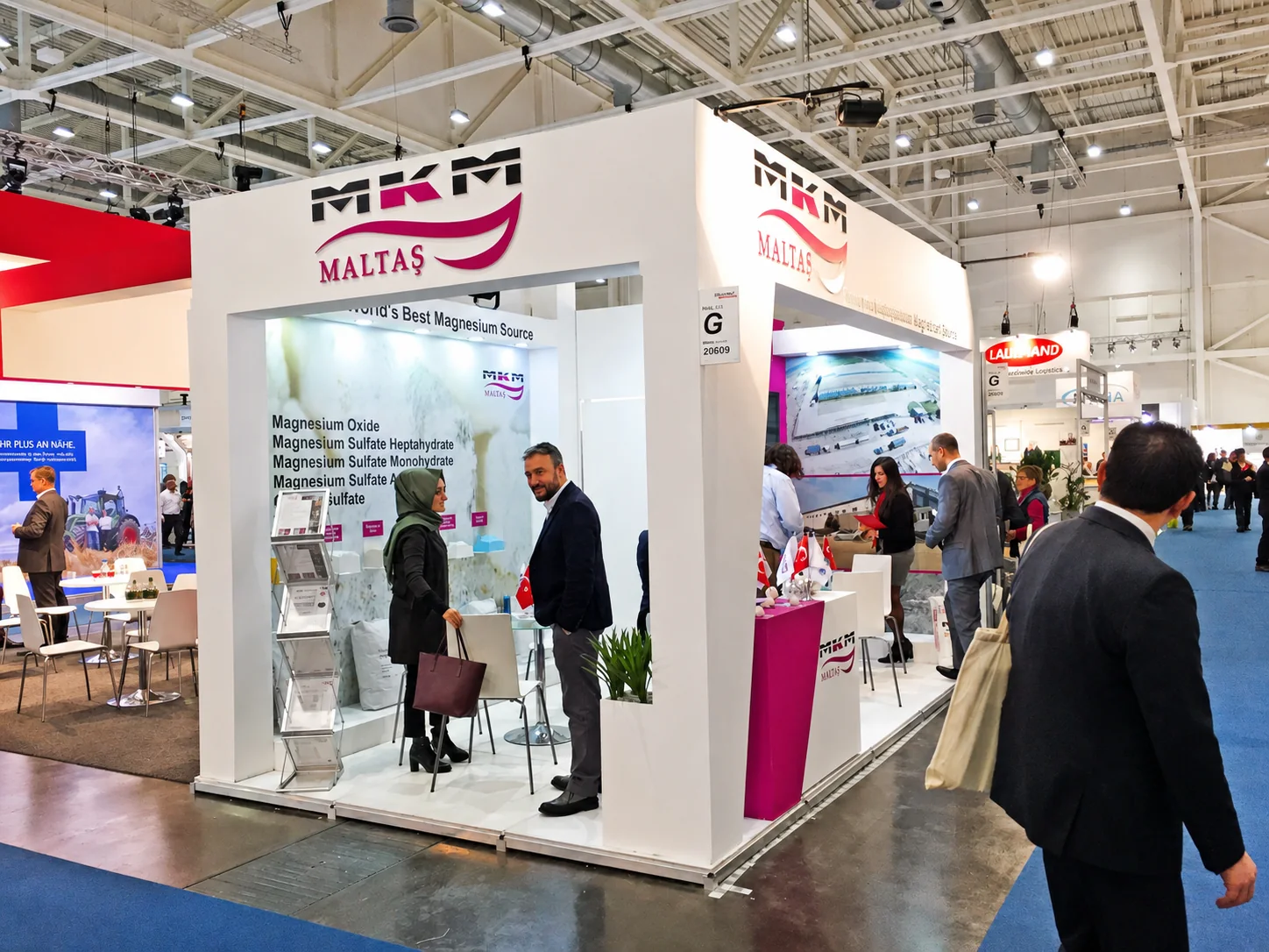 Front corner view of the MKM Maltaş custom exhibition stand at EuroTier 2017 in Hannover