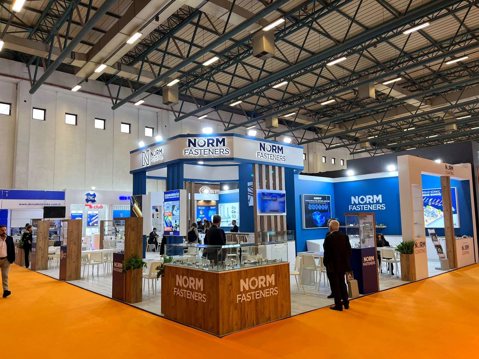 Wide corner view of the Norm Fasteners exhibition stand at Fastener Fair 2024 in Istanbul